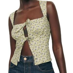 Reformation Floral Tie-Front Blouse in Green and Purple